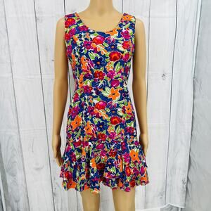 Arpeja (S) American VINTAGE 90s Womens Blue Floral Sleeveless Mini Dress